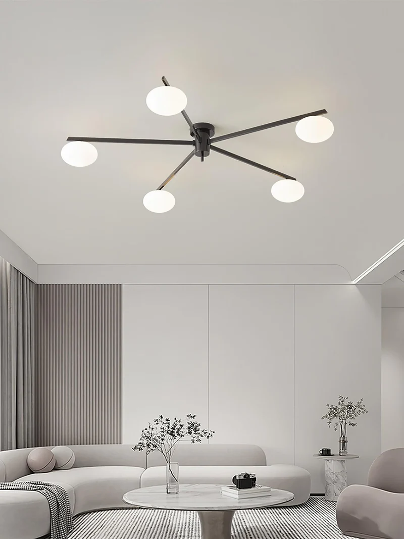 Plafondlamp met Ovale Glasbolletjes en Slanke Armen – Modern Laagprofieldesign voor Lage Plafonds in Zwart of Messing – G9 Fitting – 3-Kops, 5-Kops en 6-Kops Configuratie | Sansoti