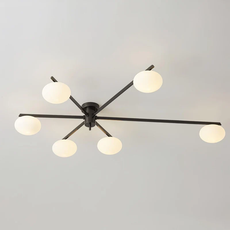 Plafondlamp met Ovale Glasbolletjes en Slanke Armen – Modern Laagprofieldesign voor Lage Plafonds in Zwart of Messing – G9 Fitting – 3-Kops, 5-Kops en 6-Kops Configuratie | Sansoti