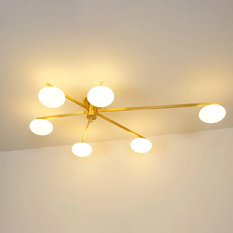 Plafondlamp met Ovale Glasbolletjes en Slanke Armen – Modern Laagprofieldesign voor Lage Plafonds in Zwart of Messing – G9 Fitting – 3-Kops, 5-Kops en 6-Kops Configuratie | Sansoti