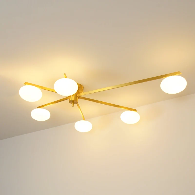 Plafondlamp met Ovale Glasbolletjes en Slanke Armen – Modern Laagprofieldesign voor Lage Plafonds in Zwart of Messing – G9 Fitting – 3-Kops, 5-Kops en 6-Kops Configuratie | Sansoti