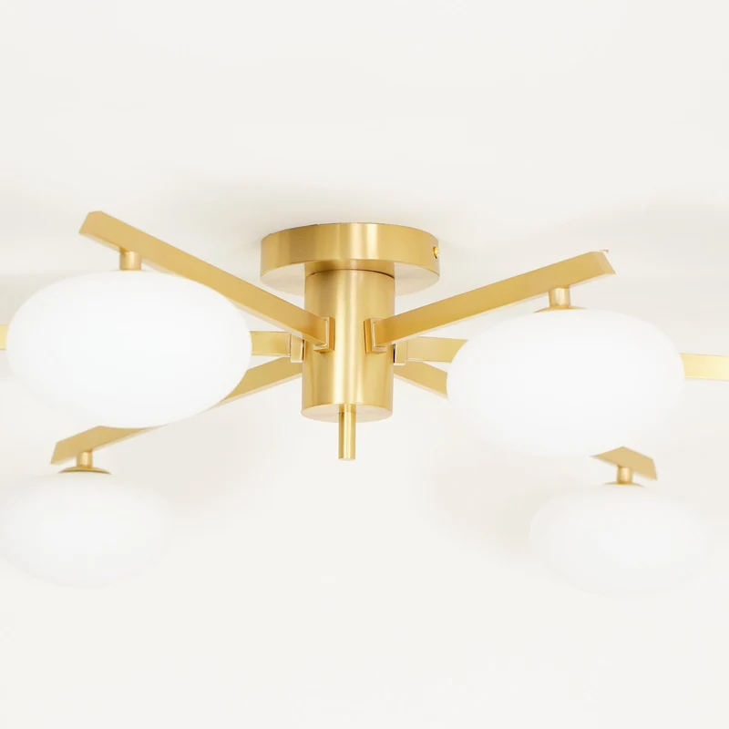 Plafondlamp met Ovale Glasbolletjes en Slanke Armen – Modern Laagprofieldesign voor Lage Plafonds in Zwart of Messing – G9 Fitting – 3-Kops, 5-Kops en 6-Kops Configuratie | Sansoti