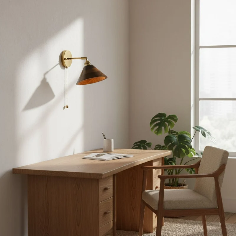 Vintage Wandlamp met Walnoothouten Kap en Messing Armatuur – Dubbele Schakelaar Design | Sansoti