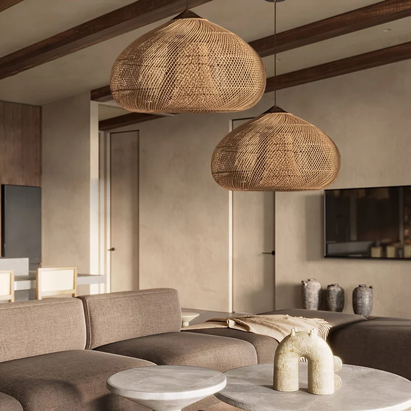 Handgevlochten Rotan Hanglamp – Javaanse Vlechtkunst in 4 Vormen & 3 Maten – Naturel of Zwart Rotan – E26/E27 Fitting – Scandinavisch Woonlicht | Sansoti