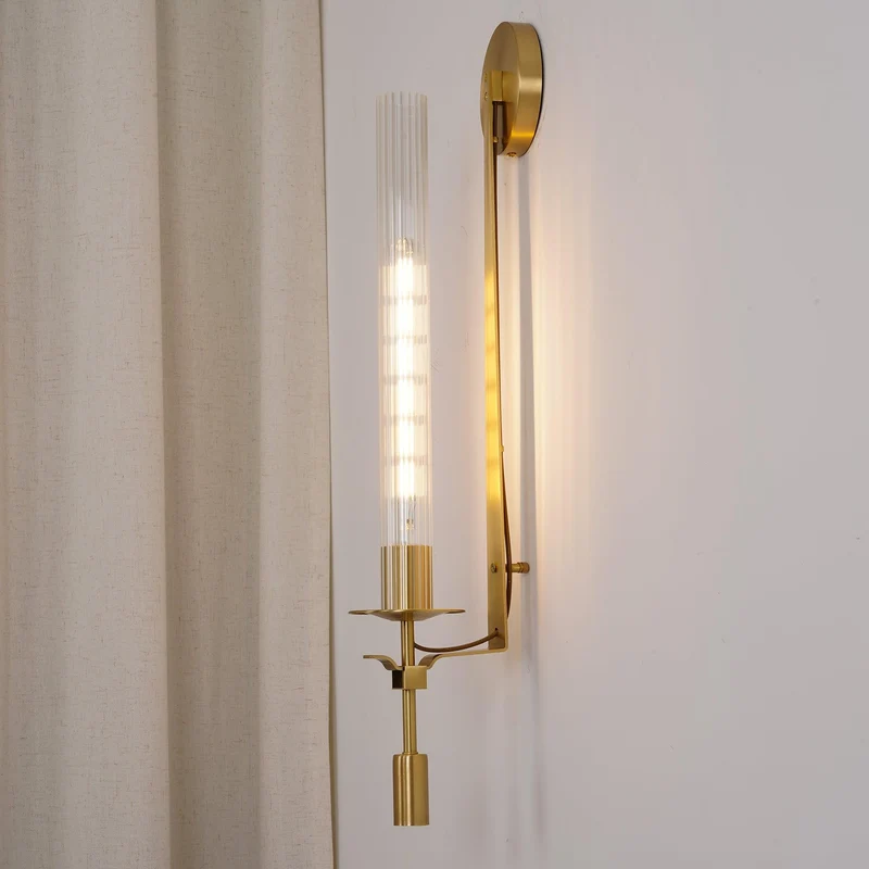 Klassieke Messing Wandlamp met Geribbeld Glas – 1940s Franse Stijl Cilinderlamp voor Gang Woonkamer Slaapkamer – E26 E27 Fitting – Enkel en Dubbel Lichtpunt | Sansoti