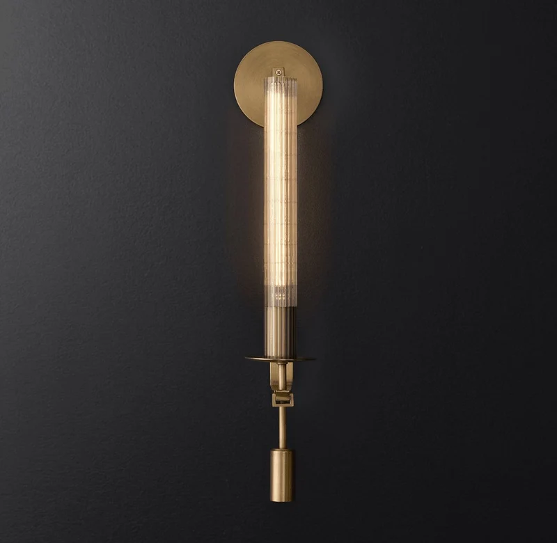 Klassieke Messing Wandlamp met Geribbeld Glas – 1940s Franse Stijl Cilinderlamp voor Gang Woonkamer Slaapkamer – E26 E27 Fitting – Enkel en Dubbel Lichtpunt | Sansoti