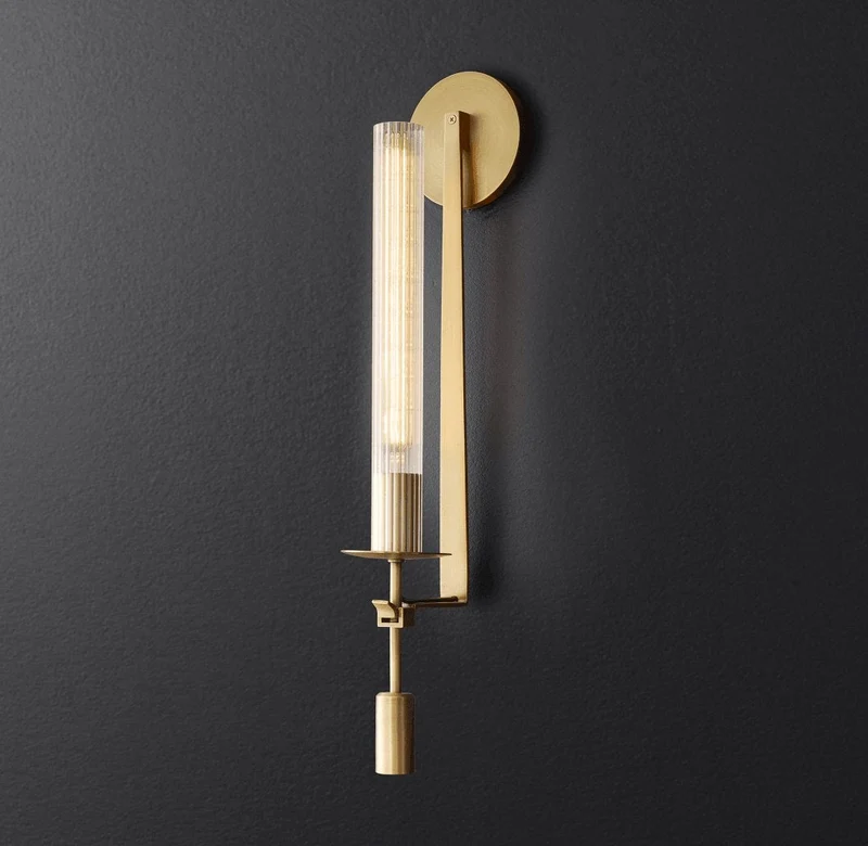Klassieke Messing Wandlamp met Geribbeld Glas – 1940s Franse Stijl Cilinderlamp voor Gang Woonkamer Slaapkamer – E26 E27 Fitting – Enkel en Dubbel Lichtpunt | Sansoti