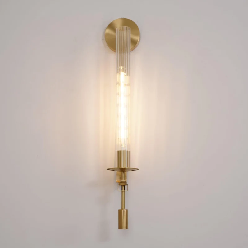 Klassieke Messing Wandlamp met Geribbeld Glas – 1940s Franse Stijl Cilinderlamp voor Gang Woonkamer Slaapkamer – E26 E27 Fitting – Enkel en Dubbel Lichtpunt | Sansoti