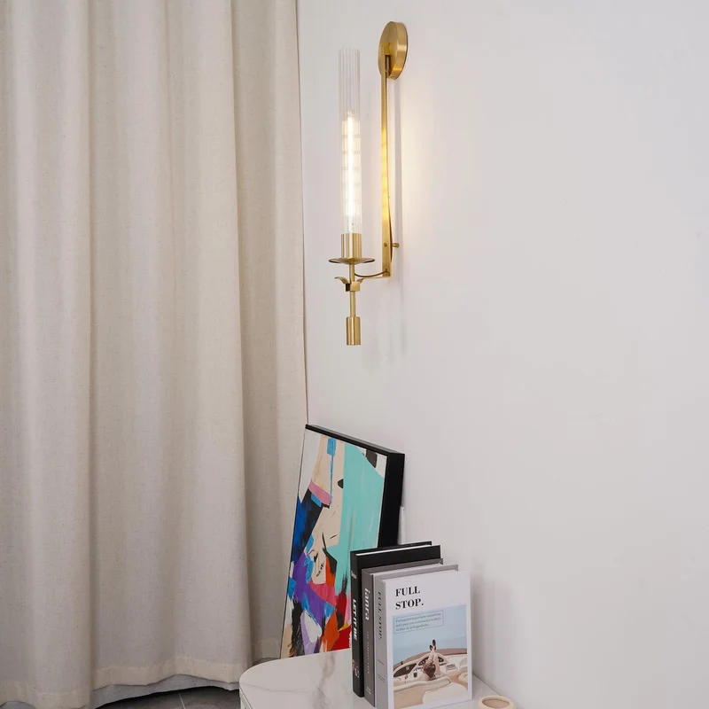 Klassieke Messing Wandlamp met Geribbeld Glas – 1940s Franse Stijl Cilinderlamp voor Gang Woonkamer Slaapkamer – E26 E27 Fitting – Enkel en Dubbel Lichtpunt | Sansoti