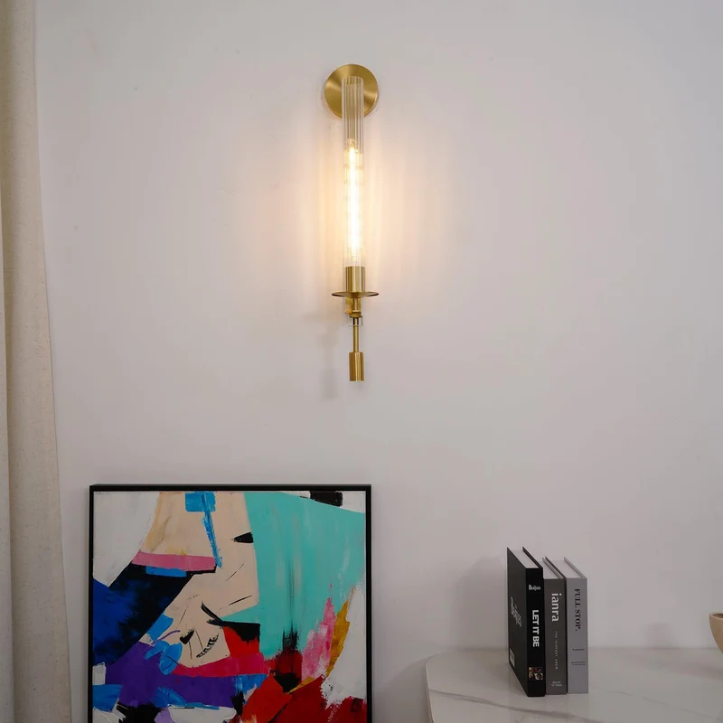 Klassieke Messing Wandlamp met Geribbeld Glas – 1940s Franse Stijl Cilinderlamp voor Gang Woonkamer Slaapkamer – E26 E27 Fitting – Enkel en Dubbel Lichtpunt | Sansoti