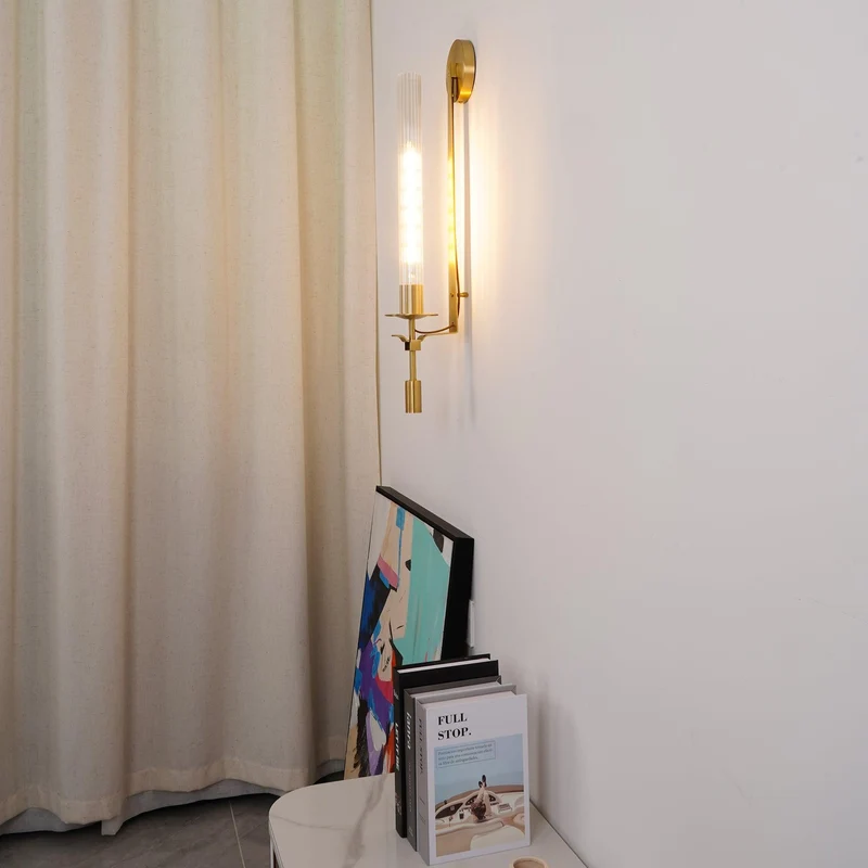 Klassieke Messing Wandlamp met Geribbeld Glas – 1940s Franse Stijl Cilinderlamp voor Gang Woonkamer Slaapkamer – E26 E27 Fitting – Enkel en Dubbel Lichtpunt | Sansoti