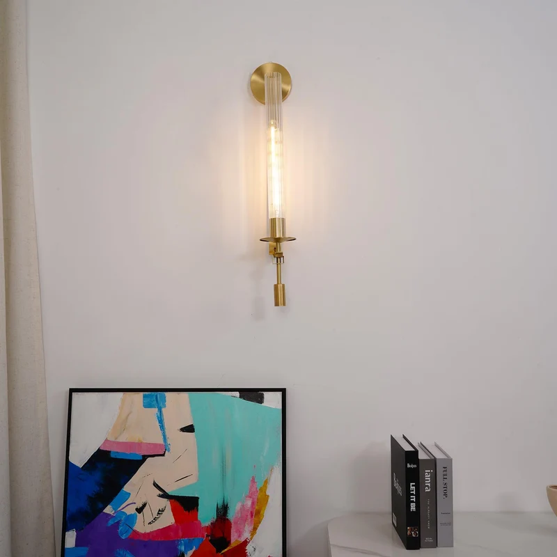 Klassieke Messing Wandlamp met Geribbeld Glas – 1940s Franse Stijl Cilinderlamp voor Gang Woonkamer Slaapkamer – E26 E27 Fitting – Enkel en Dubbel Lichtpunt | Sansoti