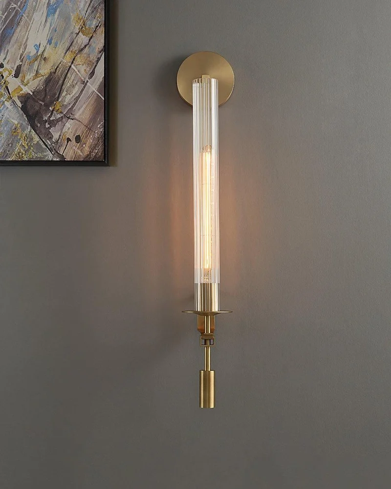 Klassieke Messing Wandlamp met Geribbeld Glas – 1940s Franse Stijl Cilinderlamp voor Gang Woonkamer Slaapkamer – E26 E27 Fitting – Enkel en Dubbel Lichtpunt | Sansoti