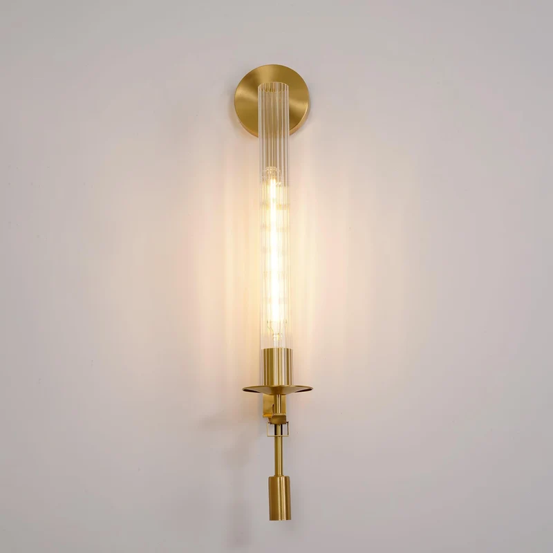Klassieke Messing Wandlamp met Geribbeld Glas – 1940s Franse Stijl Cilinderlamp voor Gang Woonkamer Slaapkamer – E26 E27 Fitting – Enkel en Dubbel Lichtpunt | Sansoti