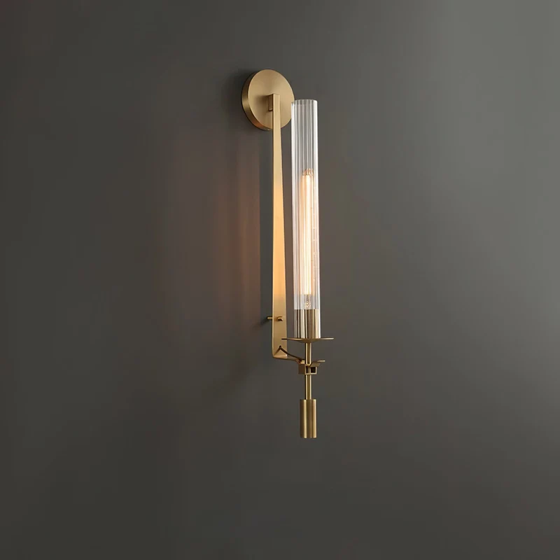 Klassieke Messing Wandlamp met Geribbeld Glas – 1940s Franse Stijl Cilinderlamp voor Gang Woonkamer Slaapkamer – E26 E27 Fitting – Enkel en Dubbel Lichtpunt | Sansoti