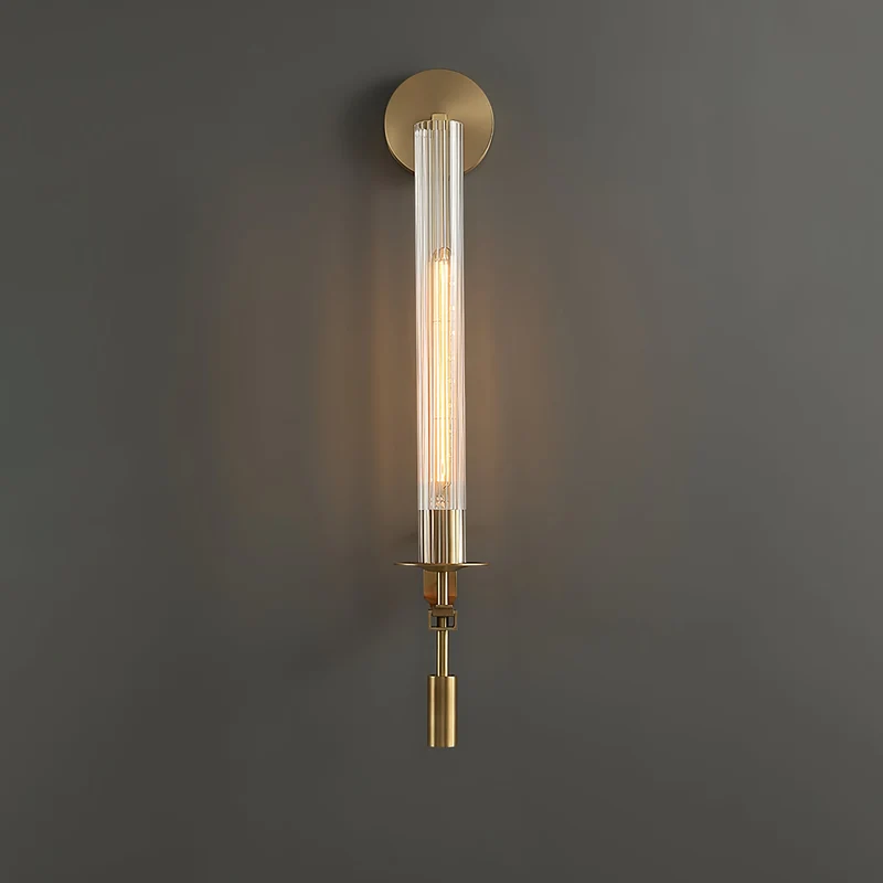Klassieke Messing Wandlamp met Geribbeld Glas – 1940s Franse Stijl Cilinderlamp voor Gang Woonkamer Slaapkamer – E26 E27 Fitting – Enkel en Dubbel Lichtpunt | Sansoti