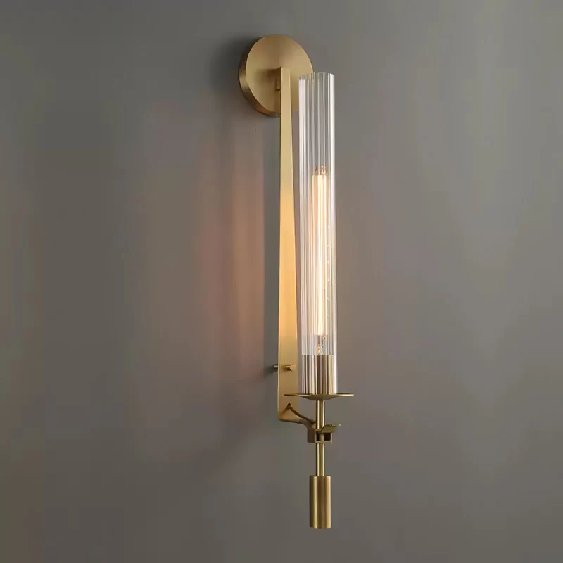 Klassieke Messing Wandlamp met Geribbeld Glas – 1940s Franse Stijl Cilinderlamp voor Gang Woonkamer Slaapkamer – E26 E27 Fitting – Enkel en Dubbel Lichtpunt | Sansoti