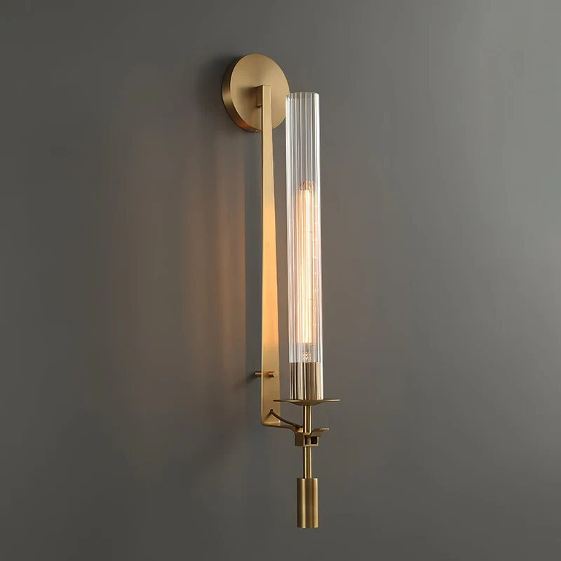 Klassieke Messing Wandlamp met Geribbeld Glas – 1940s Franse Stijl Cilinderlamp voor Gang Woonkamer Slaapkamer – E26 E27 Fitting – Enkel en Dubbel Lichtpunt | Sansoti