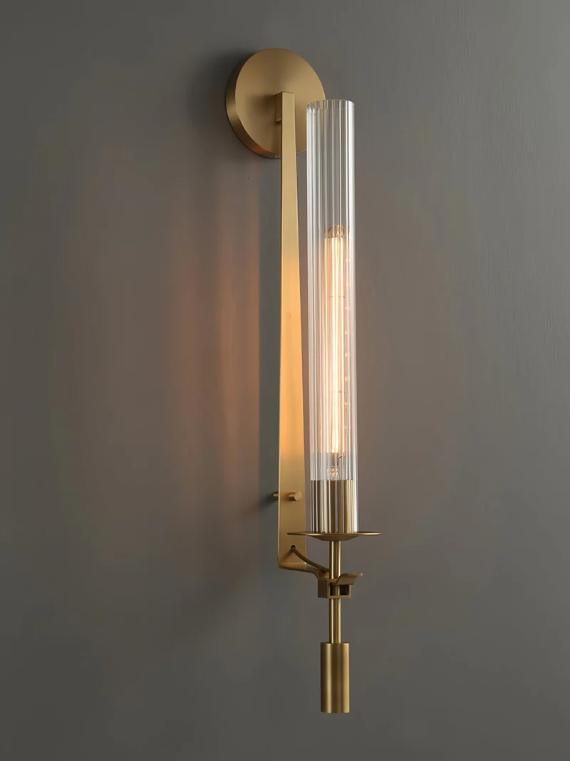 Klassieke Messing Wandlamp met Geribbeld Glas – 1940s Franse Stijl Cilinderlamp voor Gang Woonkamer Slaapkamer – E26 E27 Fitting – Enkel en Dubbel Lichtpunt | Sansoti