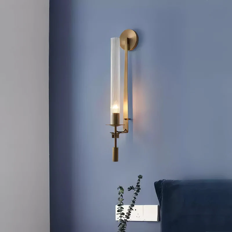 Klassieke Messing Wandlamp met Geribbeld Glas – 1940s Franse Stijl Cilinderlamp voor Gang Woonkamer Slaapkamer – E26 E27 Fitting – Enkel en Dubbel Lichtpunt | Sansoti
