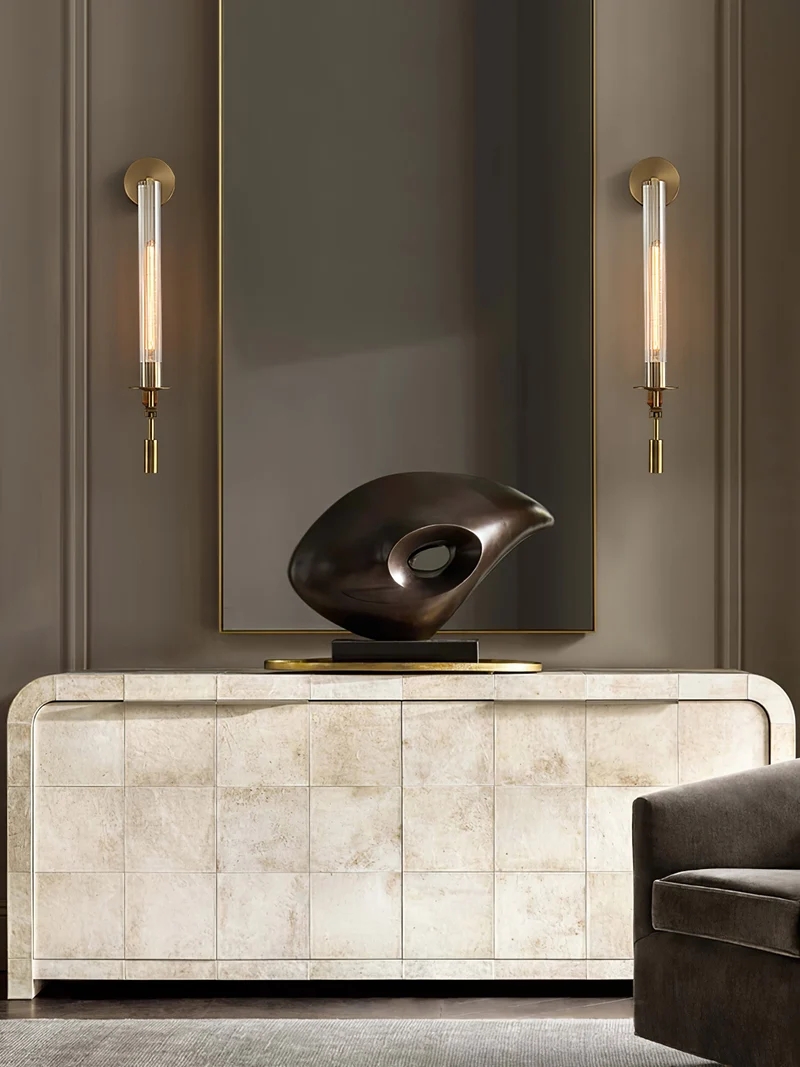 Klassieke Messing Wandlamp met Geribbeld Glas – 1940s Franse Stijl Cilinderlamp voor Gang Woonkamer Slaapkamer – E26 E27 Fitting – Enkel en Dubbel Lichtpunt | Sansoti