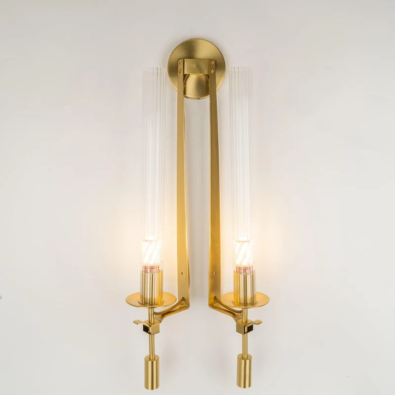 Klassieke Messing Wandlamp met Geribbeld Glas – 1940s Franse Stijl Cilinderlamp voor Gang Woonkamer Slaapkamer – E26 E27 Fitting – Enkel en Dubbel Lichtpunt | Sansoti