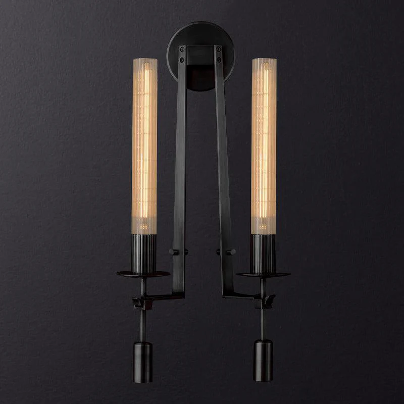 Klassieke Messing Wandlamp met Geribbeld Glas – 1940s Franse Stijl Cilinderlamp voor Gang Woonkamer Slaapkamer – E26 E27 Fitting – Enkel en Dubbel Lichtpunt | Sansoti