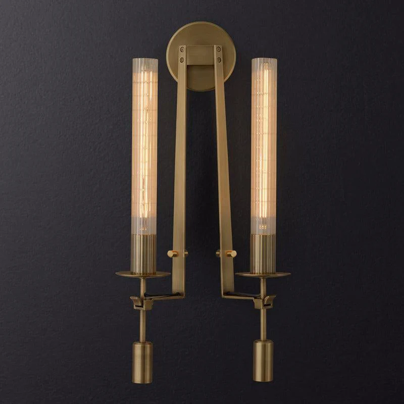 Klassieke Messing Wandlamp met Geribbeld Glas – 1940s Franse Stijl Cilinderlamp voor Gang Woonkamer Slaapkamer – E26 E27 Fitting – Enkel en Dubbel Lichtpunt | Sansoti