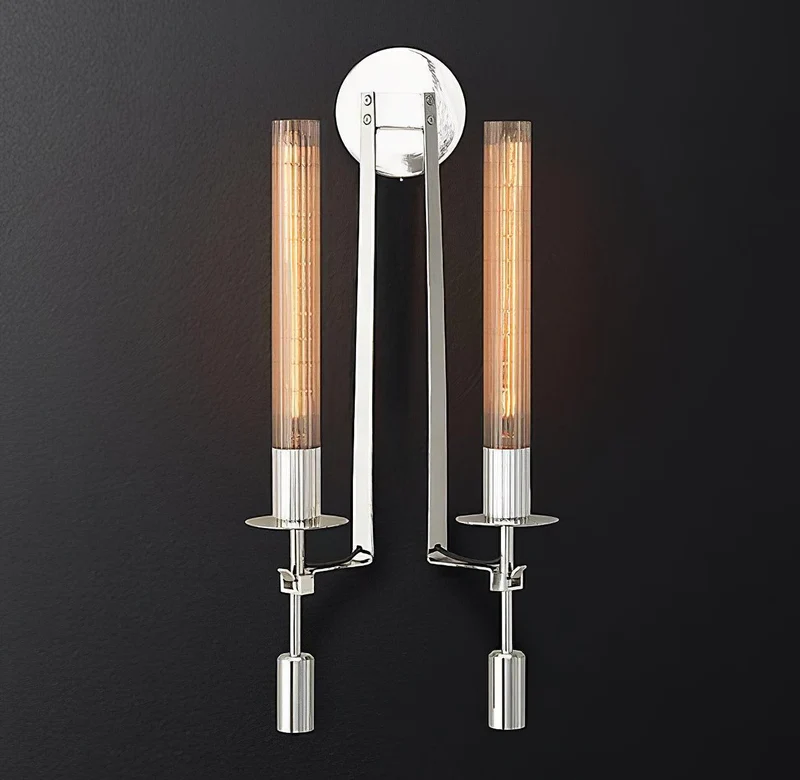 Klassieke Messing Wandlamp met Geribbeld Glas – 1940s Franse Stijl Cilinderlamp voor Gang Woonkamer Slaapkamer – E26 E27 Fitting – Enkel en Dubbel Lichtpunt | Sansoti