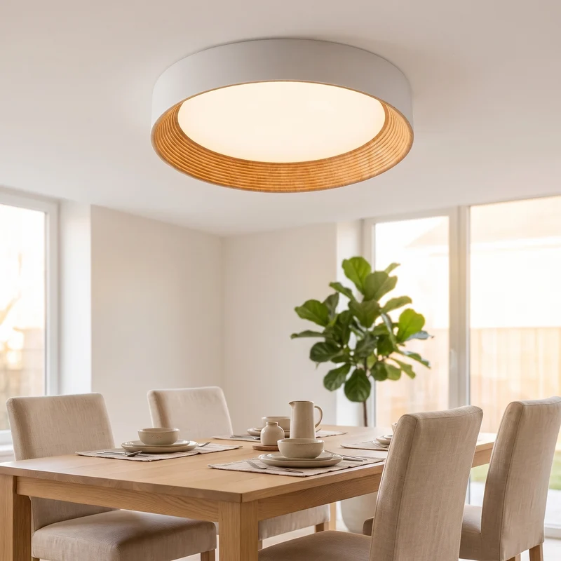Houten Plafonnière Rond LED Warm Licht – Plafondlamp voor Woonkamer en Eetkamer – Opbouw Plafondverlichting met Houten Rand | Sansoti