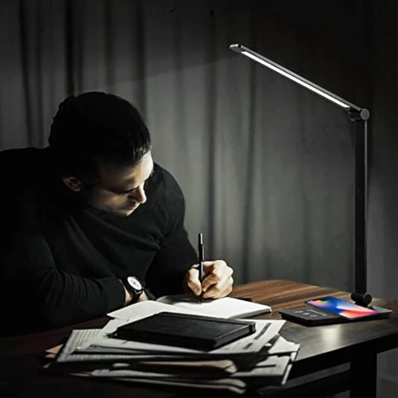 Bureaulamp met Draadloos Oplaadstation en Touch-bediening – Dimbaar LED-licht met 5 Kleurmodi en Opvouwbaar Ontwerp | Sansoti
