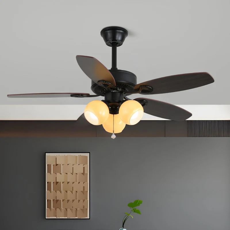 Plafondventilator met Verlichting Vintage Hout & Glas 107cm Scandinavische Stijl Retro Plafondlamp met Afstandsbediening | Sansoti