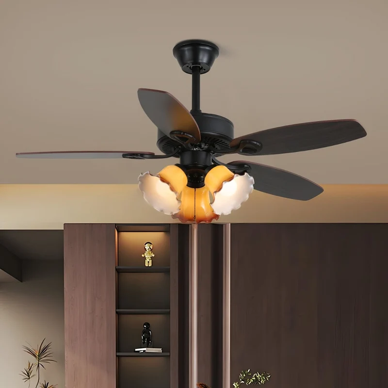 Plafondventilator met Verlichting Vintage Hout & Glas 107cm Scandinavische Stijl Retro Plafondlamp met Afstandsbediening | Sansoti