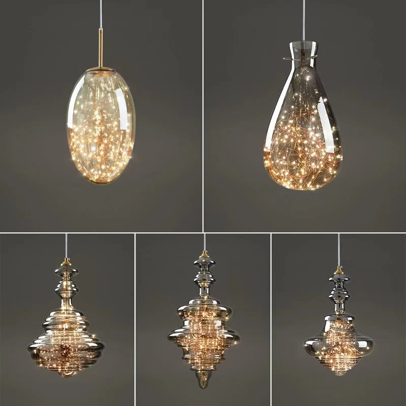 Grijze glazen hanglamp met sterrenhemel-effect voor eetkamer, bar of keukeneiland | Sansoti