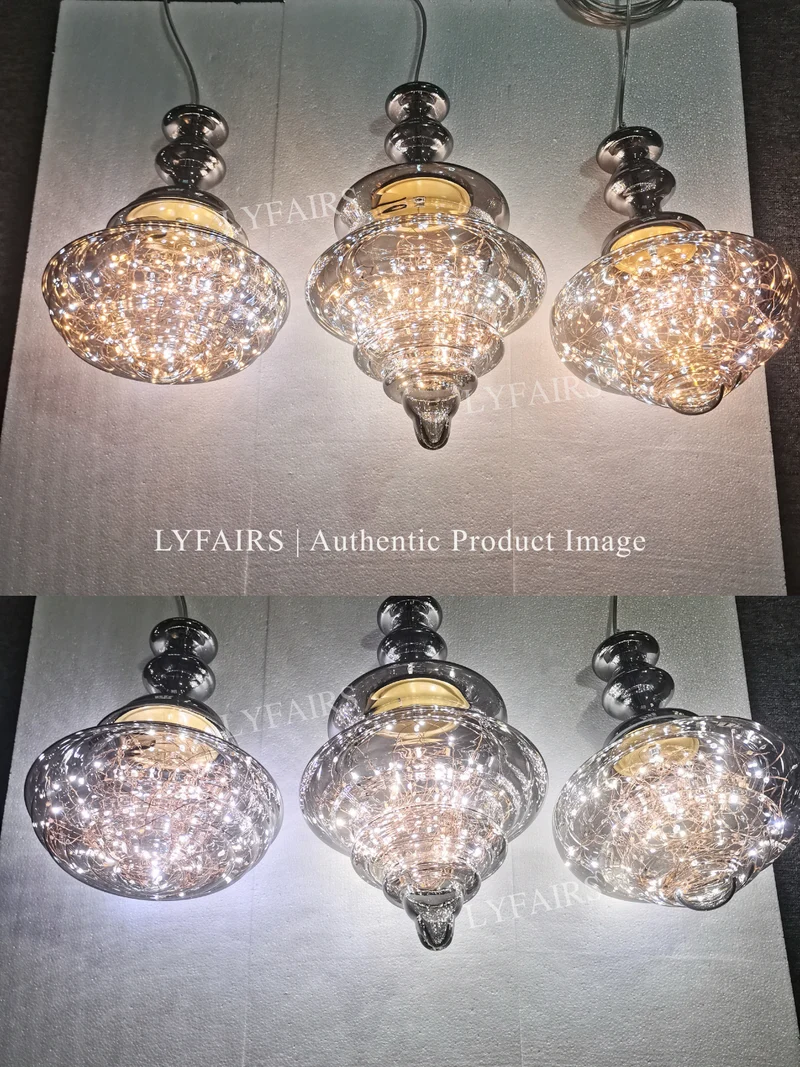 Grijze glazen hanglamp met sterrenhemel-effect voor eetkamer, bar of keukeneiland | Sansoti