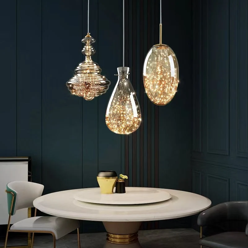 Grijze glazen hanglamp met sterrenhemel-effect voor eetkamer, bar of keukeneiland | Sansoti