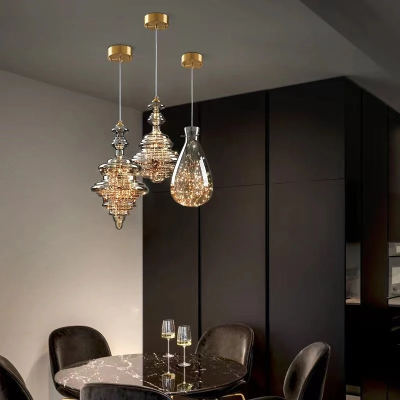 Grijze glazen hanglamp met sterrenhemel-effect voor eetkamer, bar of keukeneiland | Sansoti