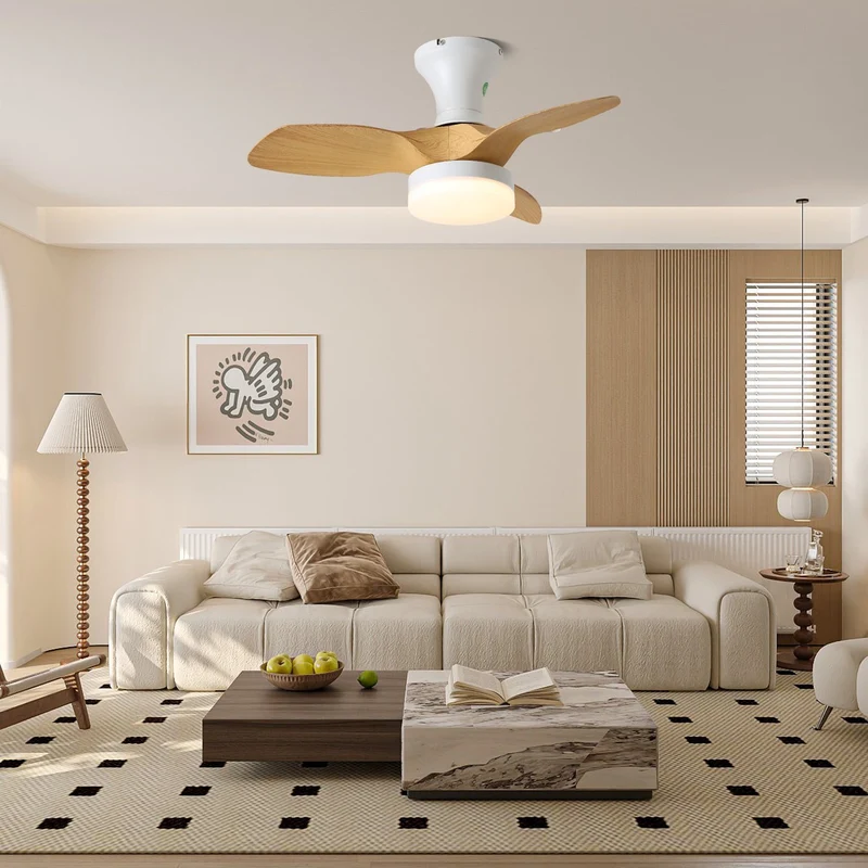 Scandinavische Plafondventilator met Verlichting – Minimalistische Ventilatorlamp in Hout en Wit | Sansoti