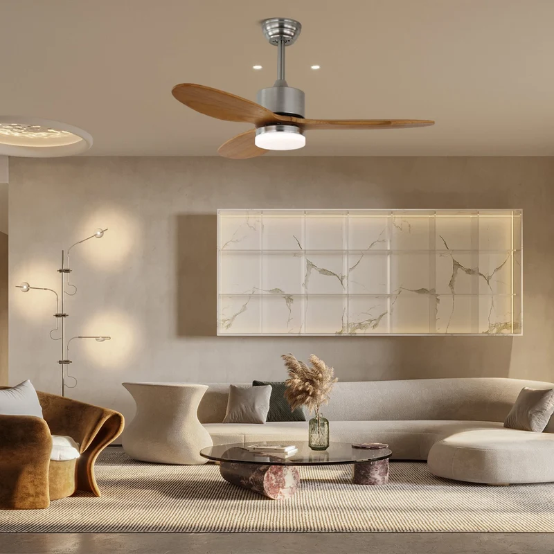 Elara Plafondventilator met Verlichting — Minimalistisch Design met Houten Bladen voor Optimale Luchtstroom | Sansoti
