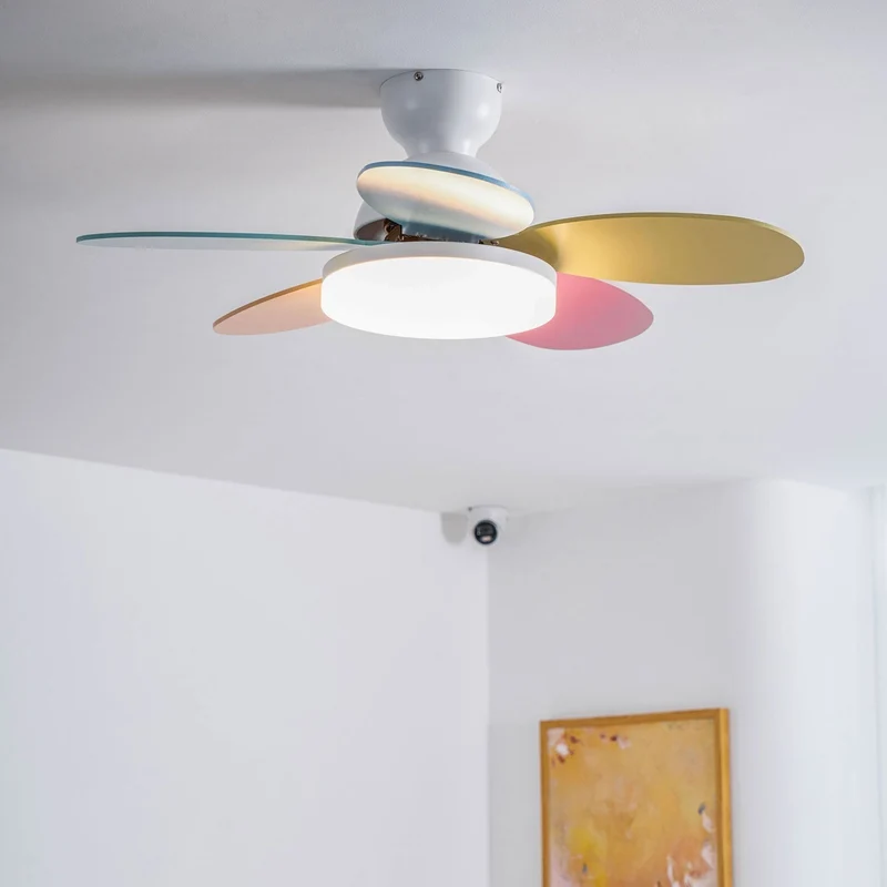Liora Plafondventilator met Verlichting en Gekleurde Glazen Bladeren voor Kinderkamer – Moderne Ceiling Fan met LED en Afstandsbediening – Verstelbare Snelheid Plafondventilator met Licht in Meerdere Kleurvarianten | Sansoti