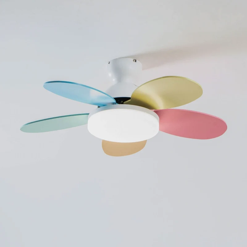 Liora Plafondventilator met Verlichting en Gekleurde Glazen Bladeren voor Kinderkamer – Moderne Ceiling Fan met LED en Afstandsbediening – Verstelbare Snelheid Plafondventilator met Licht in Meerdere Kleurvarianten | Sansoti