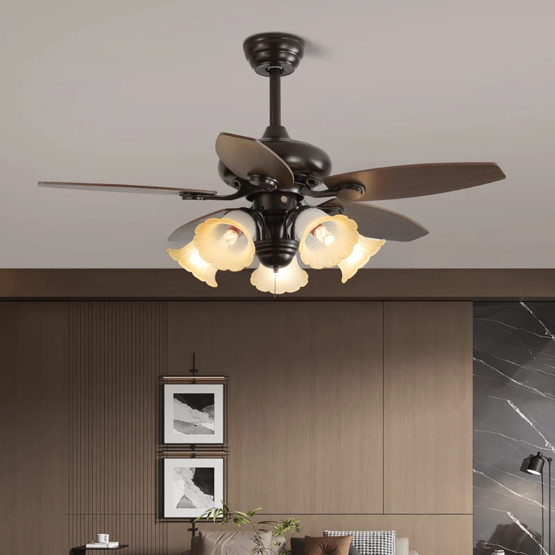 Vintage plafondventilator met verlichting en afstandsbediening in hout en glas — 3 of 5 lampen | Sansoti