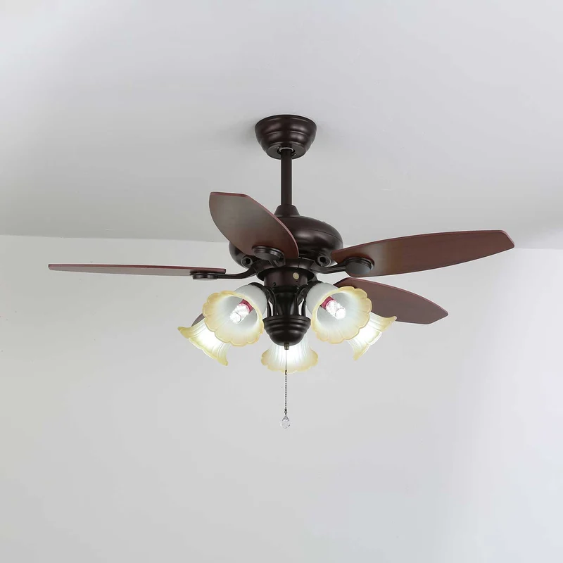 Vintage plafondventilator met verlichting en afstandsbediening in hout en glas — 3 of 5 lampen | Sansoti