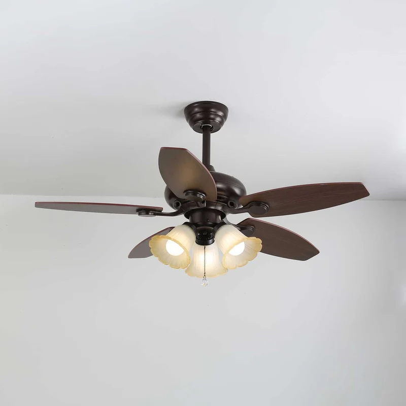 Vintage plafondventilator met verlichting en afstandsbediening in hout en glas — 3 of 5 lampen | Sansoti