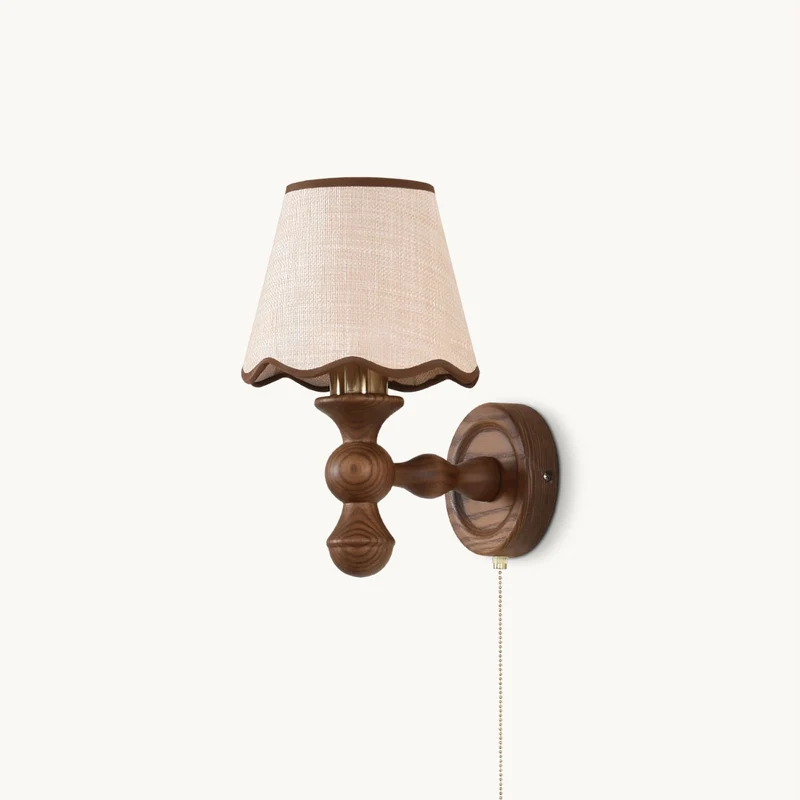 Wandlamp met golvende stoffen kap – Walnoot en beige vintage wandverlichting voor slaapkamer en gang | Sansoti