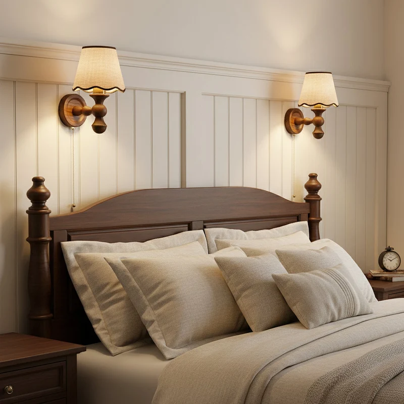Wandlamp met golvende stoffen kap – Walnoot en beige vintage wandverlichting voor slaapkamer en gang | Sansoti