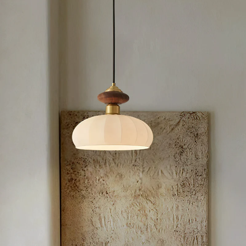 Glazen Hanglamp Bailey met Walnoten Houten Top | Retro Vintage Verlichting Koper Messing | Keukeneiland Eettafel Ontbijthoek | Eetkamer Hanglampen Glas | Skandinavisch Interieur | Sansoti