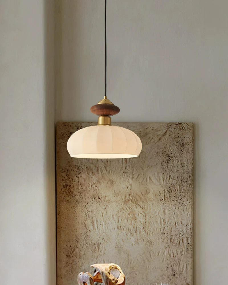 Glazen Hanglamp Bailey met Walnoten Houten Top | Retro Vintage Verlichting Koper Messing | Keukeneiland Eettafel Ontbijthoek | Eetkamer Hanglampen Glas | Skandinavisch Interieur | Sansoti