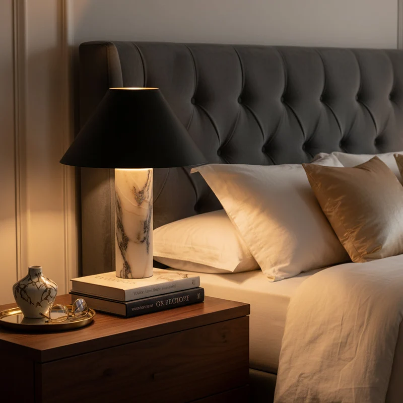 Marmeren Tafellamp met Zwarte Stoffen Kap — Natuursteen Voet Wit Marmer Textielkap — Decoratieve Verlichting voor Slaapkamer Woonkamer Bureau Nachtkastje | Sansoti