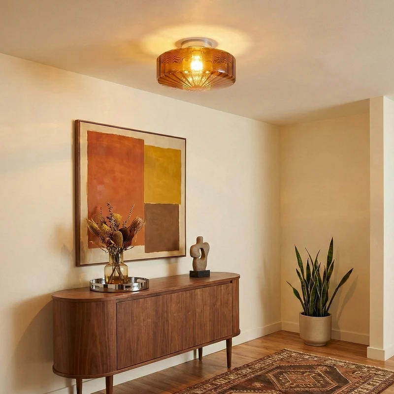 Plafondlamp Geribbeld Glas Chroom Vintage Modern Compacte Verlichting Hal | Sansoti