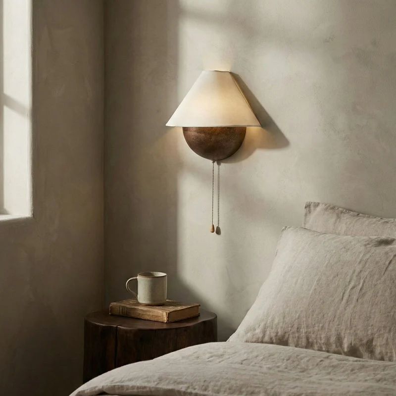 Wandlamp Half-Sphere met Stoffen Kap – Messing Trekschakelaar & Handbewerkt Ijzer voor Slaapkamer en Leeshoek | Sansoti